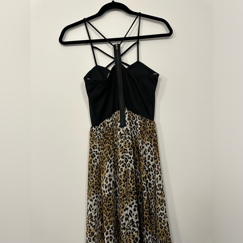 January 7 cocktail dress strappy top with high low cheetah print flowy bottom